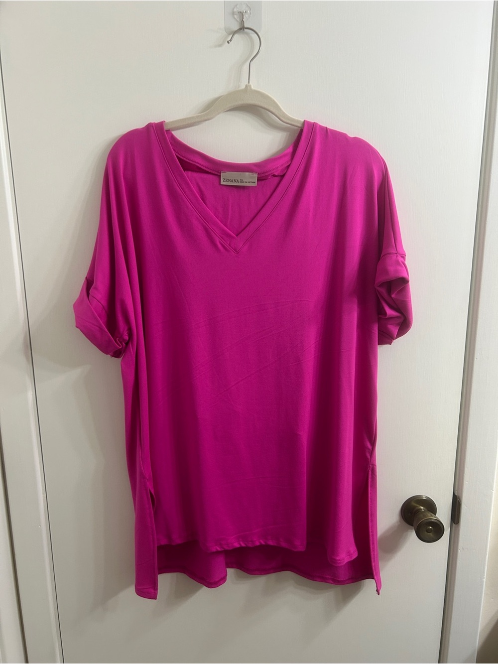 Zenana Women's V-Neck Short Sleeve Top & Leggings Set - Fuchsia Pink